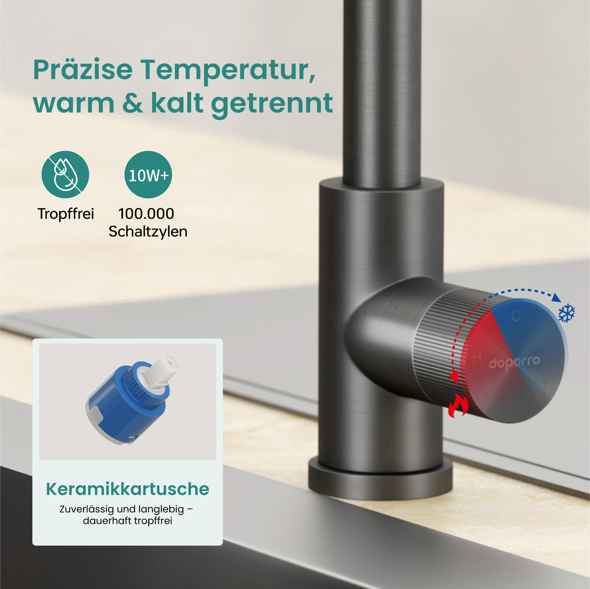 glasvilla Wasserhahn Küche Küchenarmatur mit Brause Ausziehbar, Küchenwasserhahn 360°Schwenkbar 3 Sprühfunktionen, Mischbatterie Spültischarmatur aus Edelstahl Turnix-02