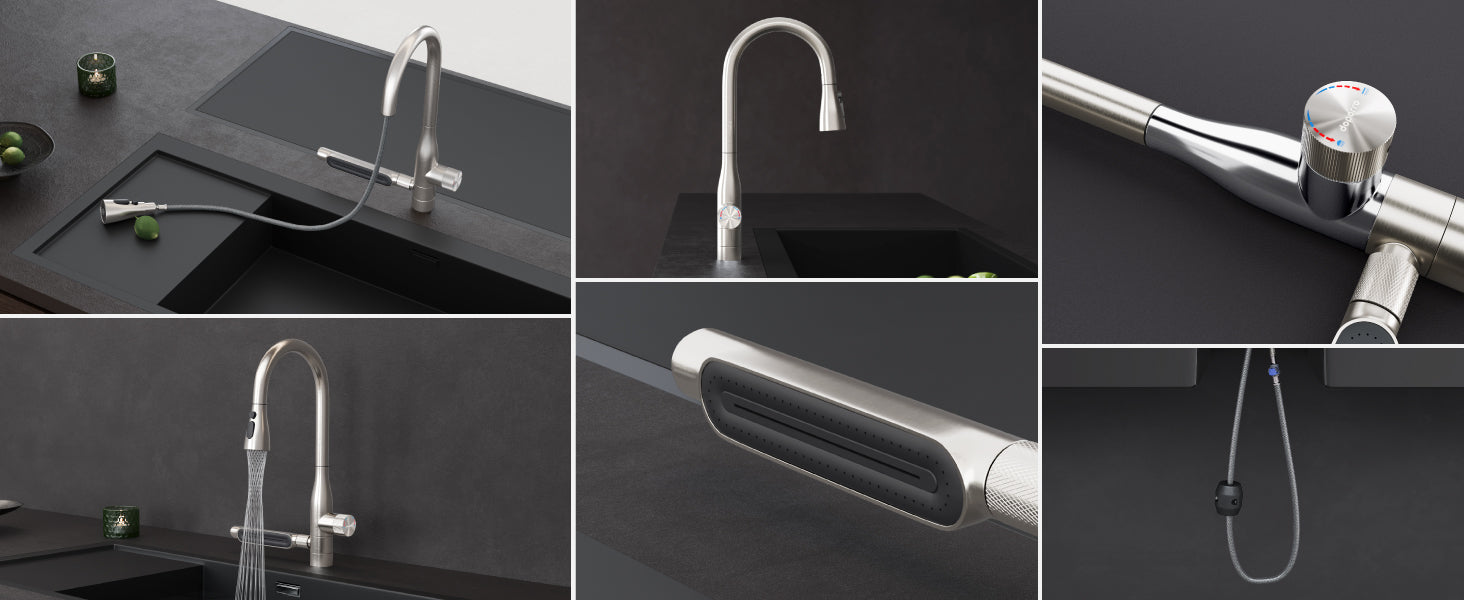 Grifo de Cocina Glasvilla Turnix-03 Acero Inoxidable con Chorro Cascada y Ducha Extraíble 360°