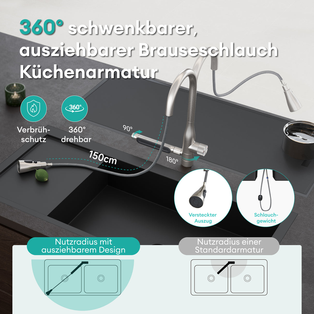 glasvilla Wasserhahn Küche mit Wasserfallstrahl, Spültischarmatur Küchenarmatur, Mischbatterie mit Einhebelmischer 360° Schwenkbar, Küchenwasserhahn aus Edelstahl Silber Turnix-03