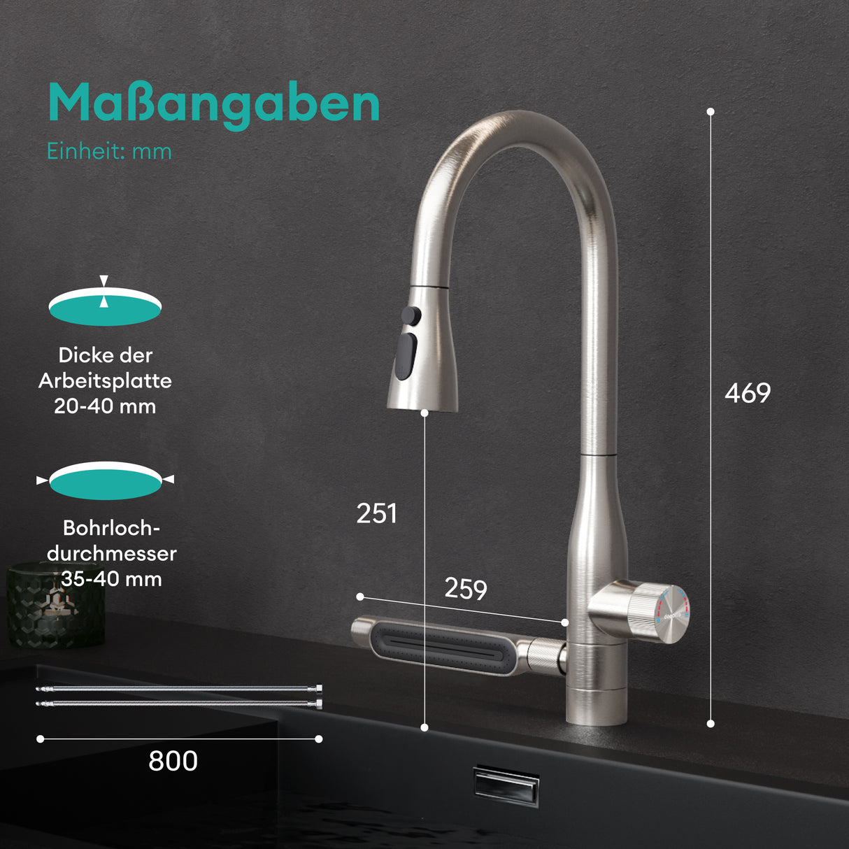 glasvilla Wasserhahn Küche mit Wasserfallstrahl, Spültischarmatur Küchenarmatur, Mischbatterie mit Einhebelmischer 360° Schwenkbar, Küchenwasserhahn aus Edelstahl Silber Turnix-03