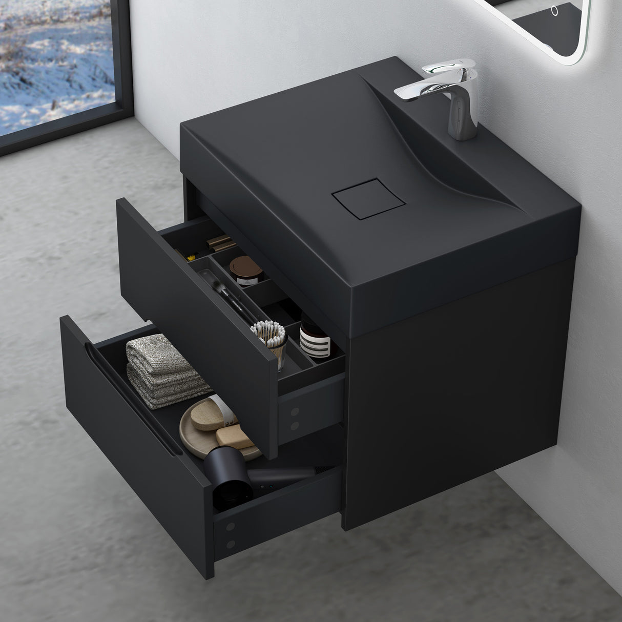 glasvilla Badmöbel-Set  Badezimmermöbel Waschbeckenunterschrank mit Softclose Schubladen inkl. Mineralguss Waschbecken Yoga