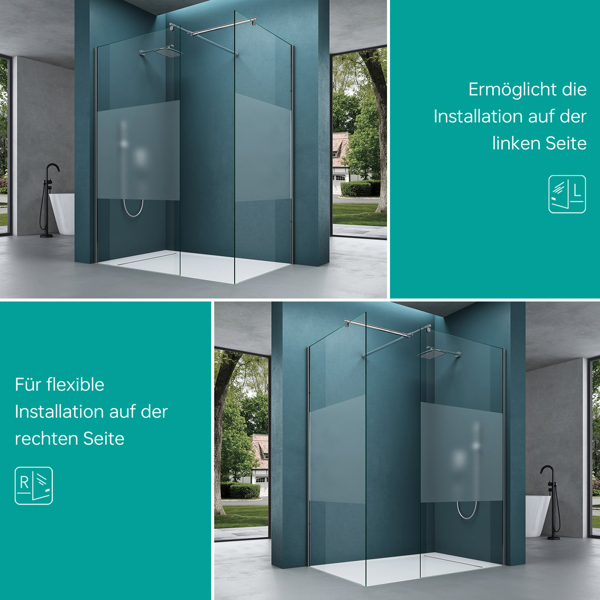 glasvilla Duschwand für Dusche Duschabtrennung mit 2 festen Seitenelementen 8mm ESG-Sicherheitsglas Walk-In Dusche Klarglas NANO-Versiegelung Bremen01K/MS-T