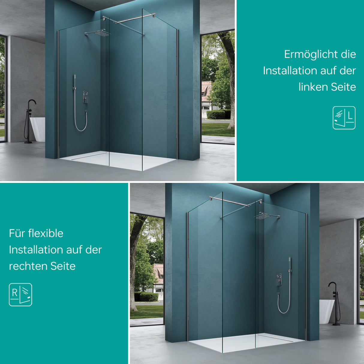 glasvilla Duschwand für Dusche Duschabtrennung mit 2 festen Seitenelementen 8mm ESG-Sicherheitsglas Walk-In Dusche Klarglas NANO-Versiegelung Bremen01K/MS-T