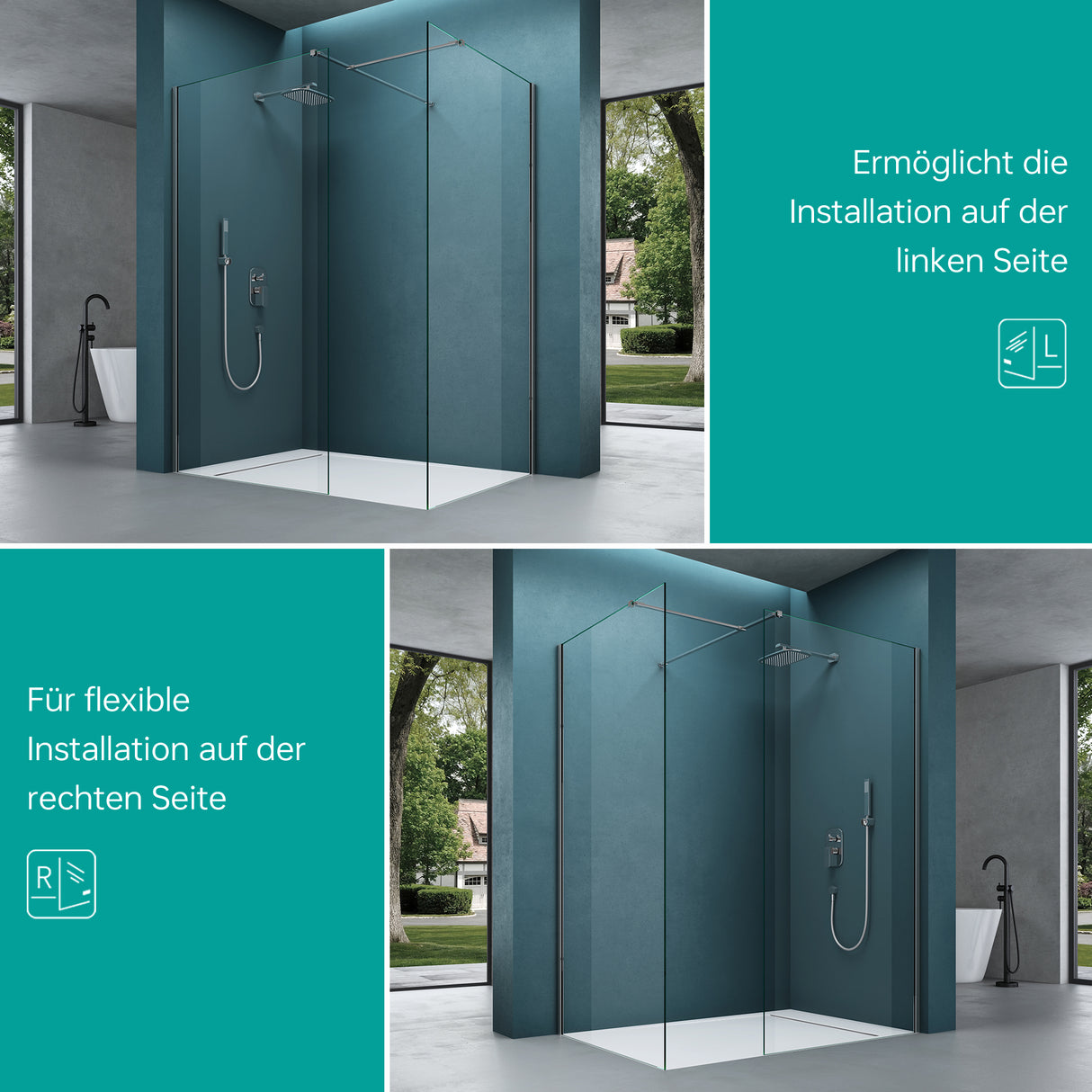 glasvilla Duschwand für Dusche Duschabtrennung mit 2 festen Seitenelementen 8mm ESG-Sicherheitsglas Walk-In Dusche Klarglas NANO-Versiegelung Bremen01K/MS-T
