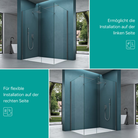 glasvilla Duschwand für Dusche Duschabtrennung mit 2 festen Seitenelementen 8mm ESG-Sicherheitsglas Walk-In Dusche Klarglas NANO-Versiegelung Bremen01K/MS-T