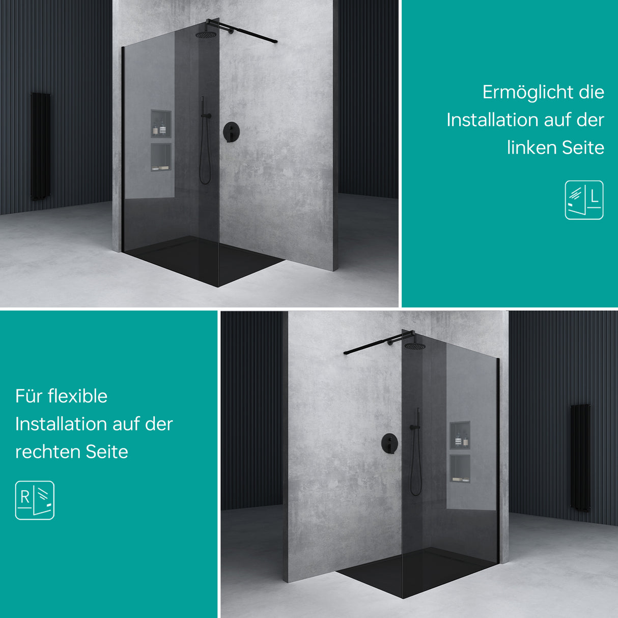 glasvilla Duschwand für Dusche Duschabtrennung Walk-In ESG-Sicherheitsglas 8mm NANO Glas BRAM1&BRAM3 Bremen1 Schwarz