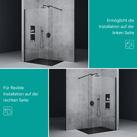 glasvilla Duschwand für Dusche Duschabtrennung Walk-In ESG-Sicherheitsglas 8mm NANO Glas BRAM1&BRAM3 Bremen1 Schwarz