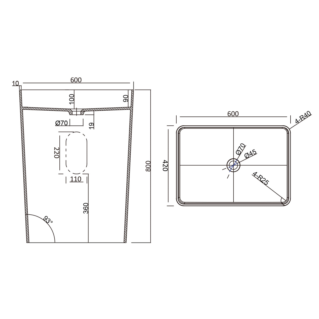 glasvilla Design Standwaschbecken freistehend Col36 weiß aus Mineralguss Waschtisch, BTH: 60x42x80cm