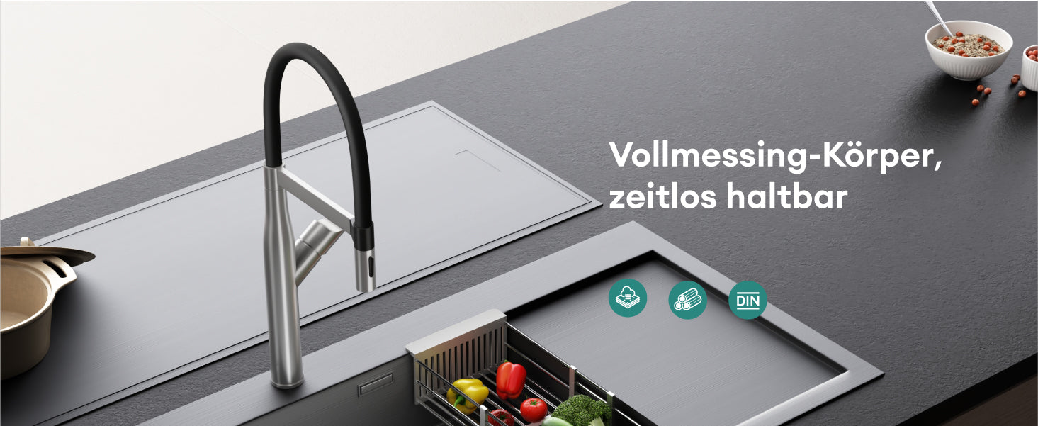 glasvilla Küchenarmatur Spültischarmatur aus Edelstahl, Küchenwasserhahn mit Einhebelmischer und magnetischer Geschirrbrause, 360° Schwenkbar Turnix-01