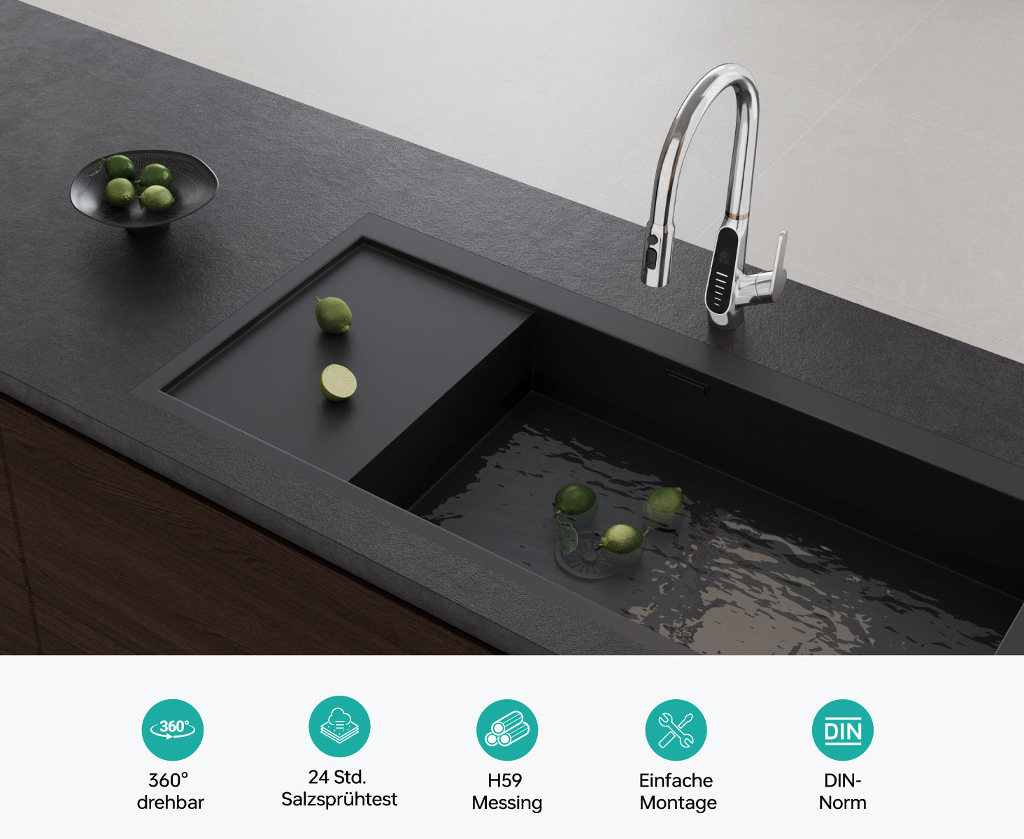 glasvilla Rubinetto da Cucina Miscelatore con Monocomando in Ottone Ruotabile a 360° Rubinetto da Cucina con Tubi e Accesorri, MS-8095