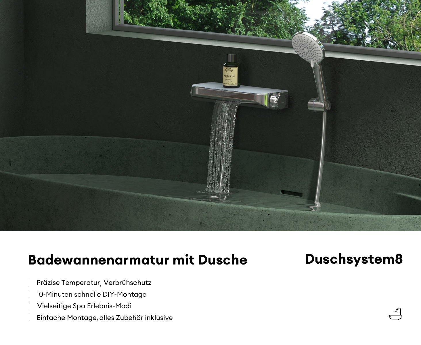 Glasvilla Design Grifo Termostático para Bañera con Ducha de Mano – 4 Tipos de Chorro Duschsystem8