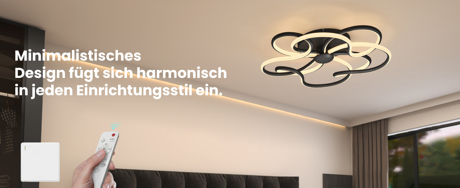 glasvilla Plafonnier LED avec télécommande 64cm, Intensité réglable en continu 3000-6400K, Lampe de chambre 112W Noir pour chambre à coucher, salon, bureau, couloir Alivetta25036