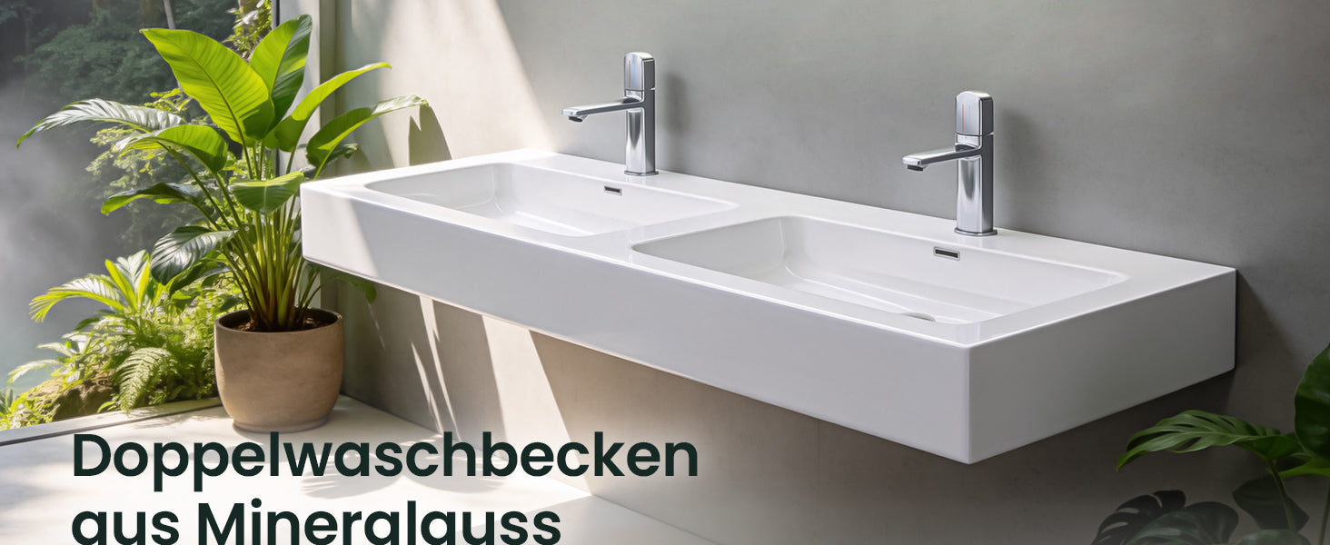 Glasvilla Design, Lavabo doble suspendido / de encimera Col830 en mineral sintético 140×48×13 cm