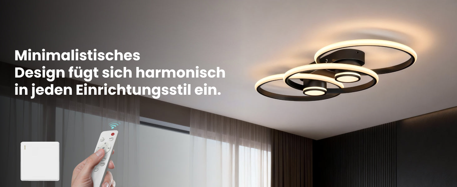 glasvilla Plafonnier LED avec télécommande 75 cm, intensité variable en continu 3000-6400K, Lampe de chambre 70W Noir pour chambre à coucher, salon, bureau, couloir Alivetta25037
