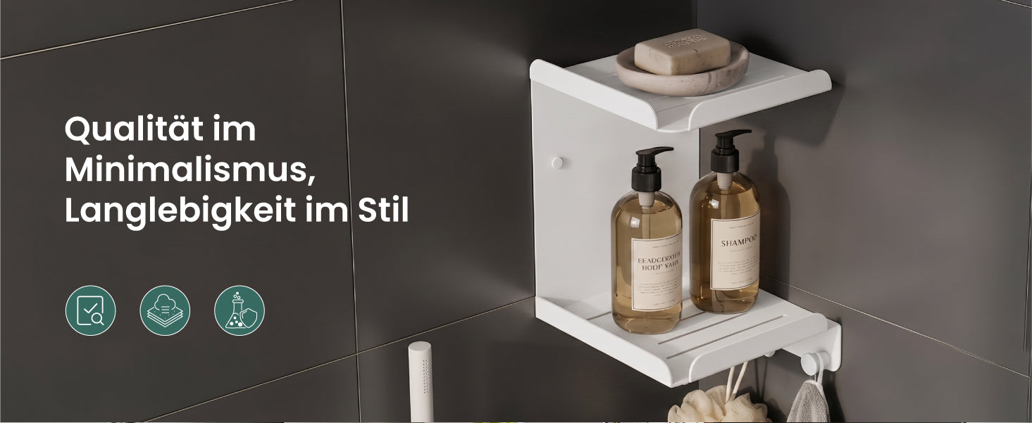 glasvilla Duschablage zum Bohren oder Kleben, Duschregal mit 3 Haken, Badezimmerablage zur Wandmontage, Badezimmer Organizer Reglo-14