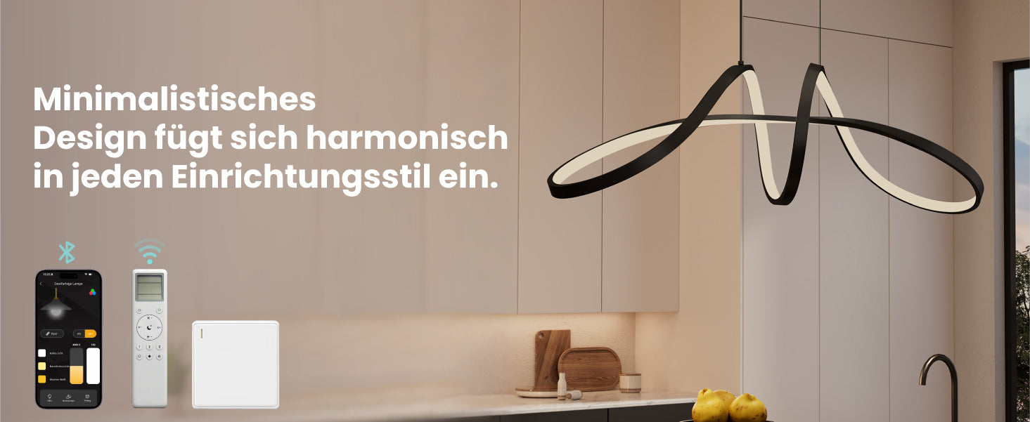 Suspension Glasvilla 90 cm, lampe LED suspendue, design ondulé dynamique, température de couleur réglable 3000K/4000K/6000K, câble 30W, noire, idéale pour salle à manger, salon ou chambre.