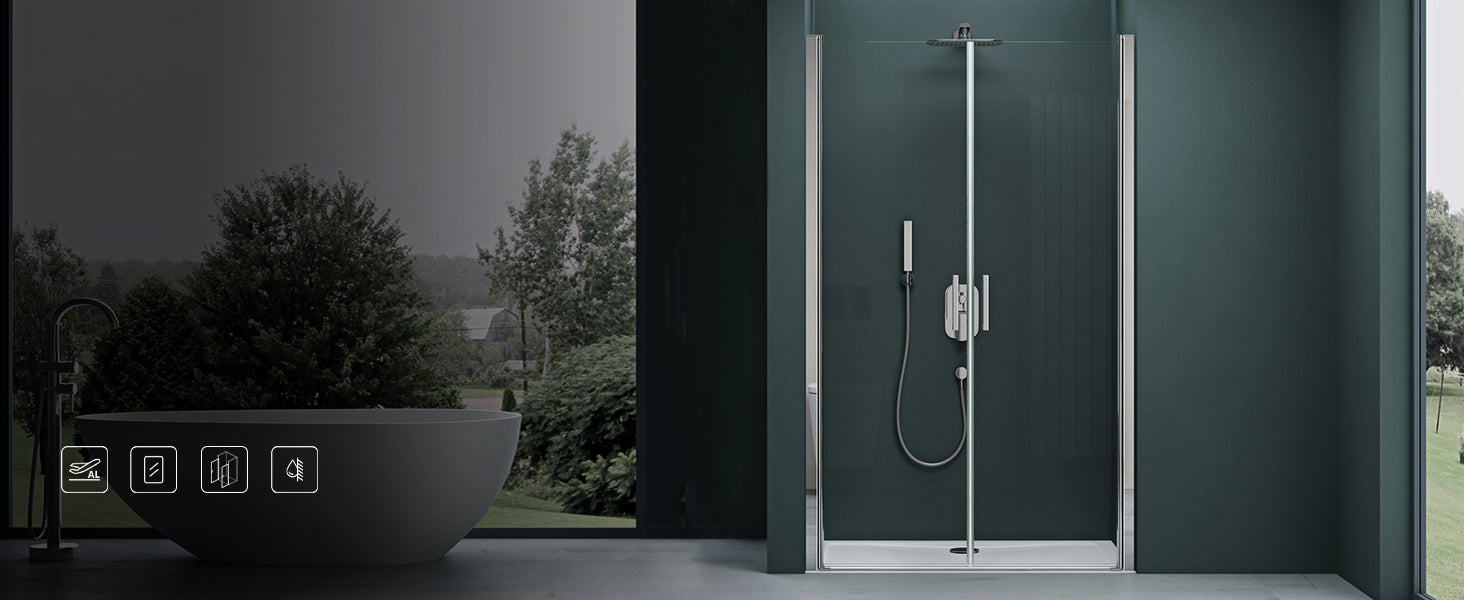 glasvilla Porte de Douche Porte de Niche Cabine de Douche Porte Pivotante 180° Porte Double Revêtement NANO ESG 6mm Verre Transparent ou Opaque Mécanisme Autolevant Teramo24K+MS+VS