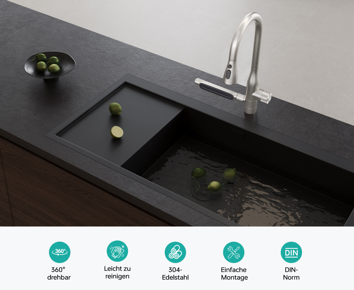 Grifo de Cocina Glasvilla Turnix-03 Acero Inoxidable con Chorro Cascada y Ducha Extraíble 360°