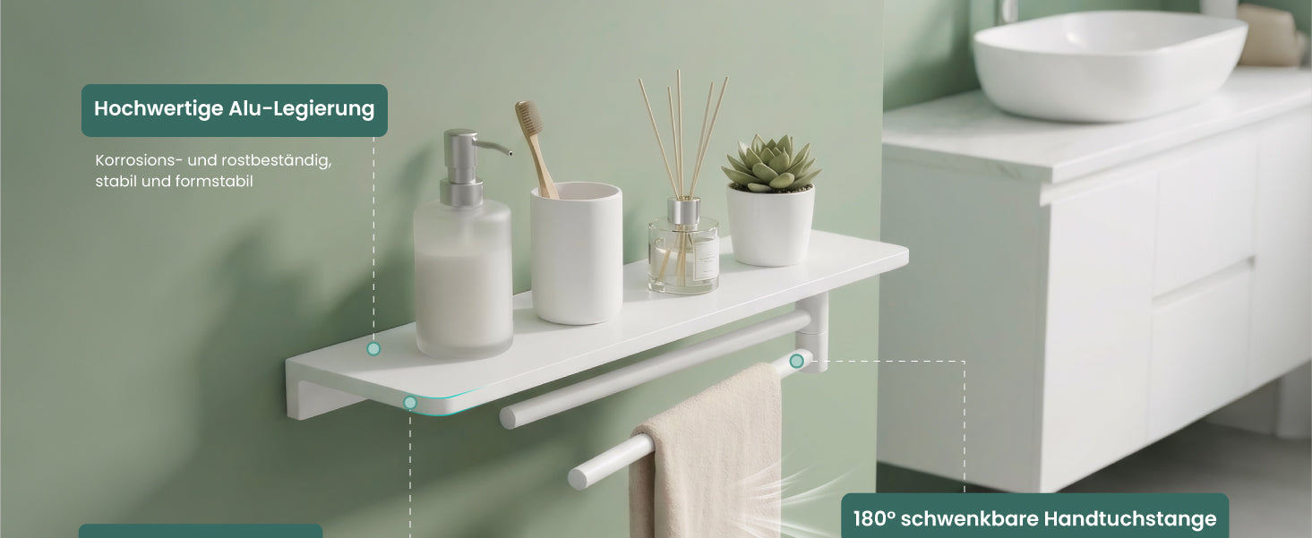 glasvilla Duschablage zum Bohren, Duschregal mit 2 Handtuchstangen aus Aluminiumlegierung, Badezimmerablage zur Wandmontage, Badezimmer Organizer  Reglo-19