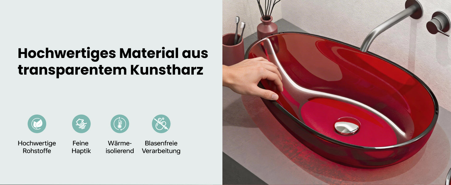 glasvilla Waschbecken Aufsatzwaschbecken aus Kunstharz Waschschale Handwaschbecken Oval 60x36x14cm ohne Hahnloch und Überlauf Coloria04