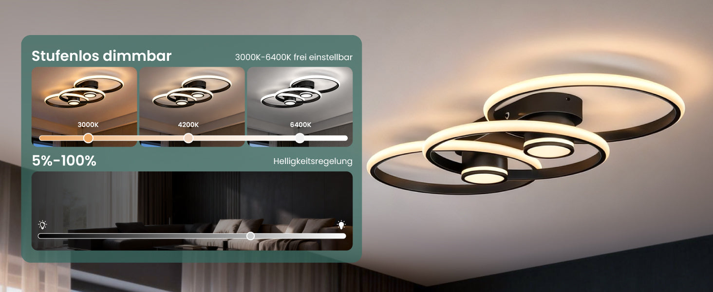 glasvilla Plafonnier LED avec télécommande 75 cm, intensité variable en continu 3000-6400K, Lampe de chambre 70W Noir pour chambre à coucher, salon, bureau, couloir Alivetta25037