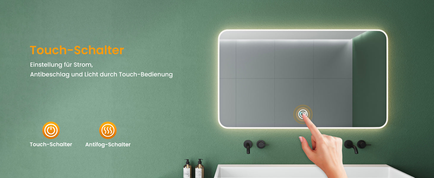 Glasvilla Design Espejo LED de Baño con Touch y Antivaho – Luz Regulable con Memoria Premium