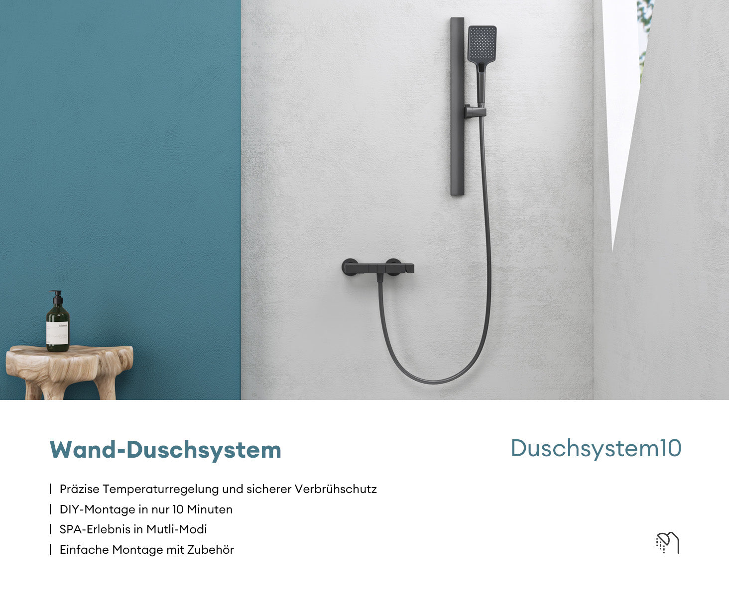 Système de douche Glasvilla avec pommeau de douche effet pluie, 3 jets, pommeau de douche réglable en hauteur avec bec inférieur en aluminium, système de douche 10