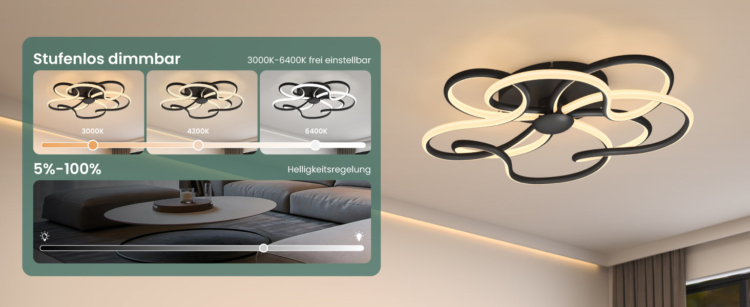 glasvilla Plafonnier LED avec télécommande 64cm, Intensité réglable en continu 3000-6400K, Lampe de chambre 112W Noir pour chambre à coucher, salon, bureau, couloir Alivetta25036