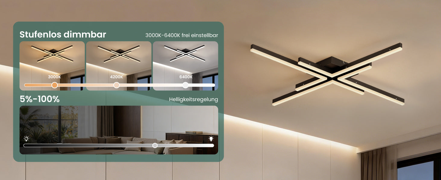 glasvilla Plafonnier LED avec télécommande 795mm, Intensité variable en continu 3000-6400K, Plafonnier 48W Noir pour Chambre, Salon, Bureau, Couloir Alivetta25039