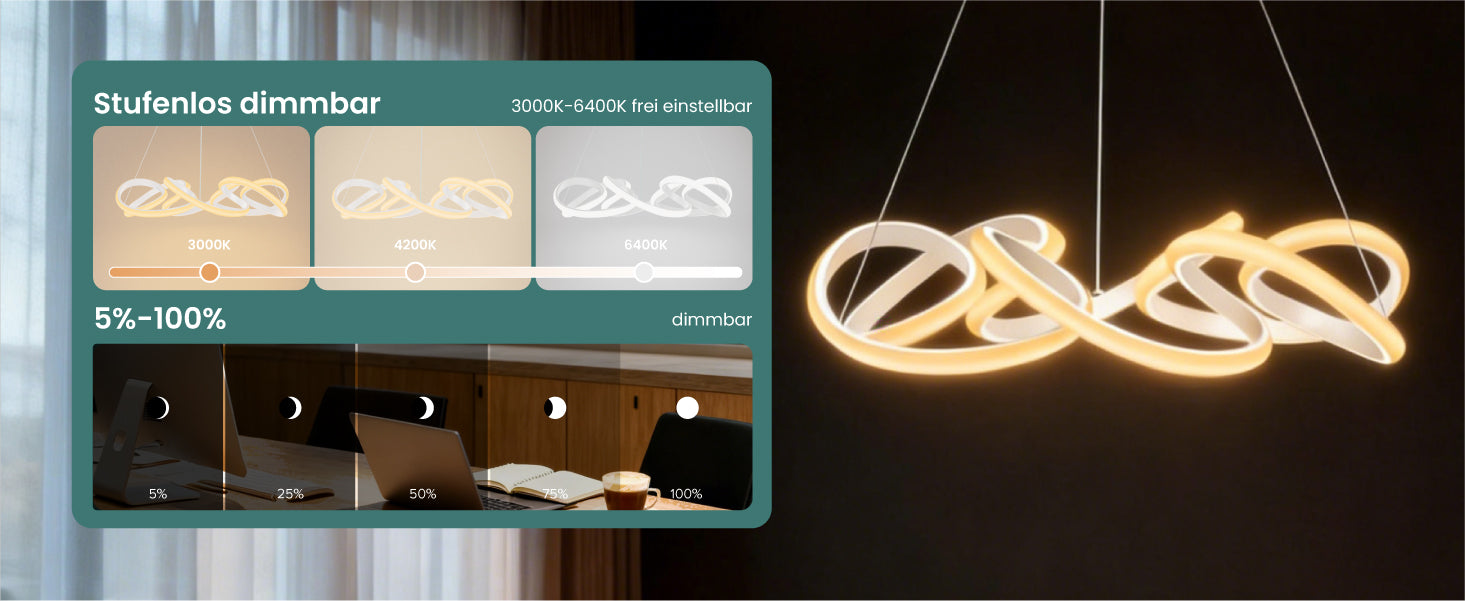 glasvilla Pendelleuchte Esstisch, 52cm LED Moderne Hängelampe Weiß, stufenlos dimmbar 3000K–6400K, höhenverstellbare Design 67W Esstischlampe mit Fernbedienung & Wandschalter, Alivetta25040