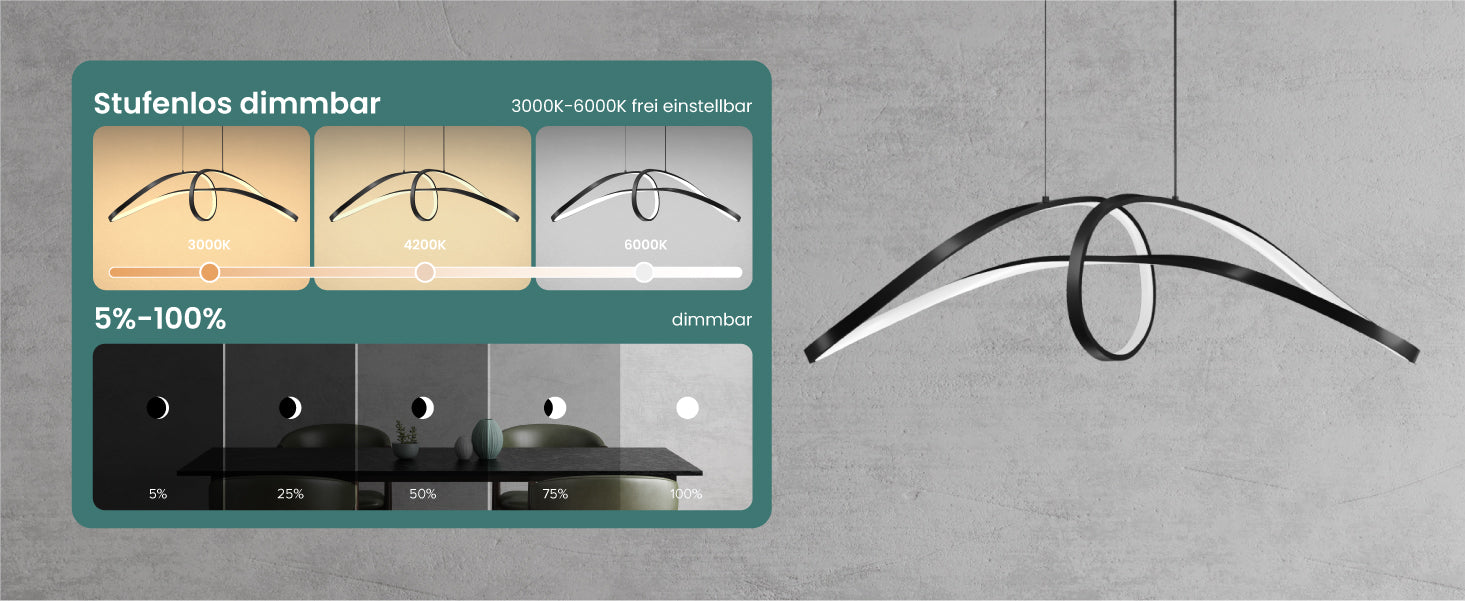 Suspension Glasvilla 90 cm, lampe LED suspendue, design ondulé dynamique, température de couleur réglable 3000K/4000K/6000K, câble 30W, noire, idéale pour salle à manger, salon ou chambre.