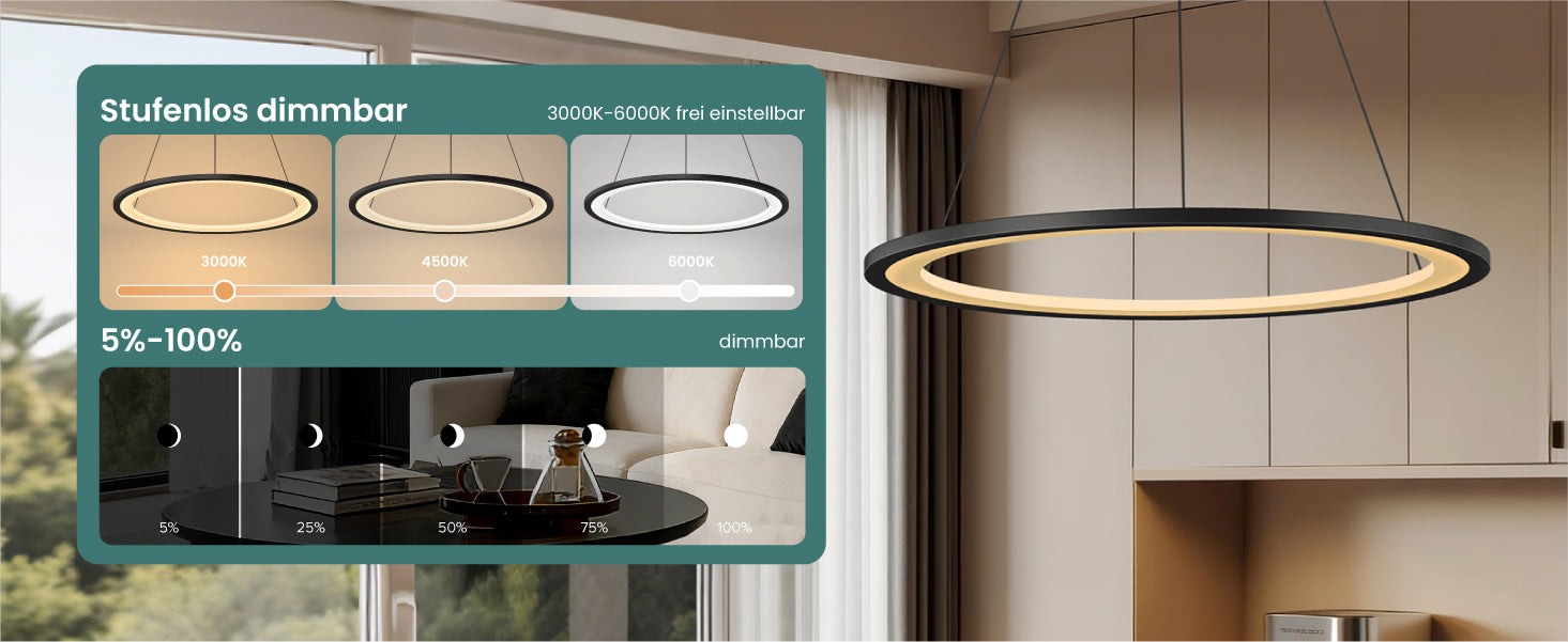 glasvilla Pendelleuchte Esstisch, LED Hängelampe, stufenlos dimmbar 3000K–6000K, höhenverstellbare Esstischlampe mit Fernbedienung & Wandschalter Luvina01