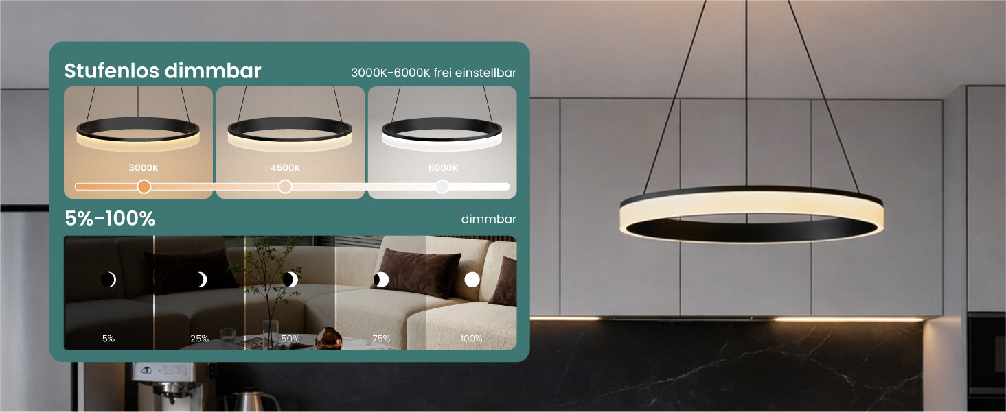 glasvilla Pendelleuchte Esstisch, LED Hängelampe, stufenlos dimmbar 3000K–6000K, höhenverstellbare Esstischlampe mit Fernbedienung & Wandschalter Luvina02