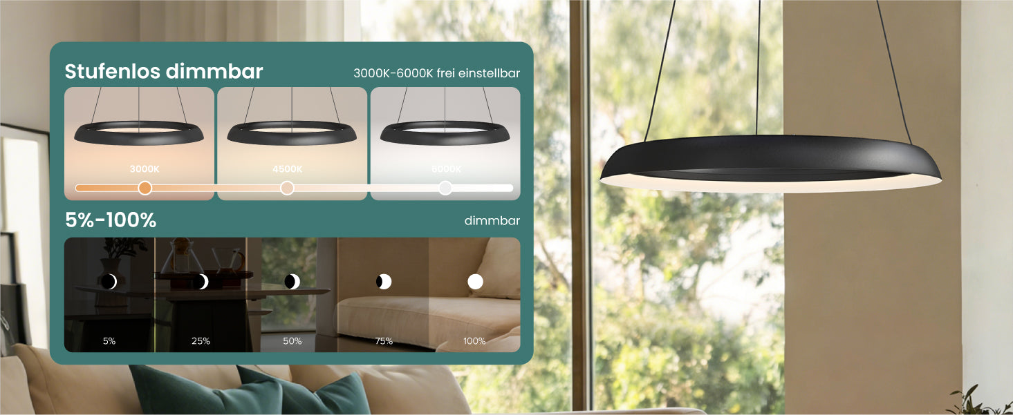glasvilla Pendelleuchte Esstisch,  LED Moderne Hängelampe, stufenlos dimmbar 3000K–6000K, höhenverstellbare Design 20W Esstischlampe mit Fernbedienung & Wandschalter, Luvina04