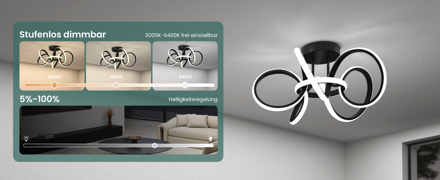 Glasvilla Design – Lámpara de techo LED negra con mando a distancia, regulable 3000–6400K, sin parpadeo (65W)