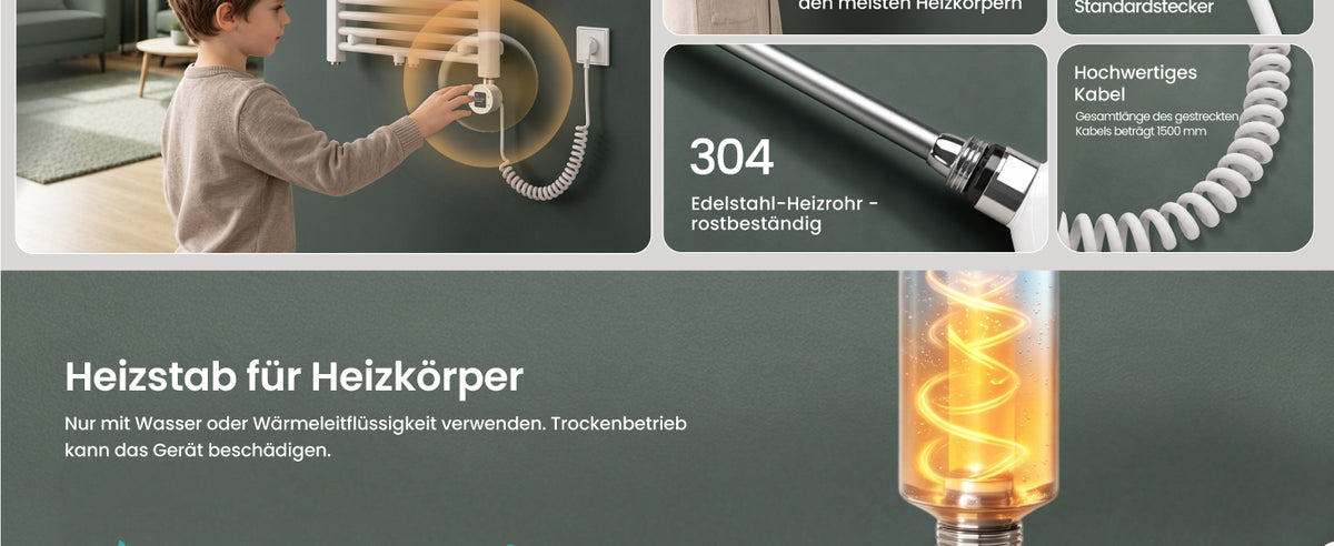 glasvilla Smart WiFi Heizstab für Badheizkörper, Heizelement  Elektrischer Heizstab mit App-Steuerung, Thermostat & Timer-Funktion, Heizpatrone für Handtuchheizkörper Heizstab-03