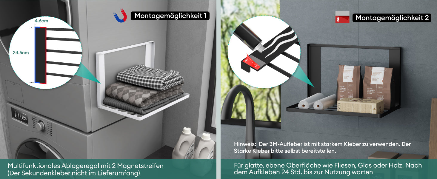 glasvilla Handtuchhalter Badetuchhalter Magnetische Regale für Waschmaschine Klappregal Wandregal ohne Bohren 41x25cm Multifunktionaler Regal für Kühlschrankseit, Bad, Küche Folda-01