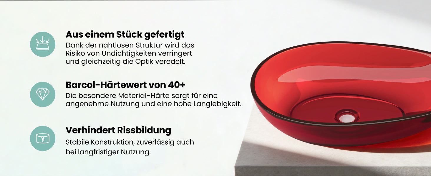 glasvilla Waschbecken Aufsatzwaschbecken aus Kunstharz Waschschale Handwaschbecken Oval 60x36x14cm ohne Hahnloch und Überlauf Coloria04