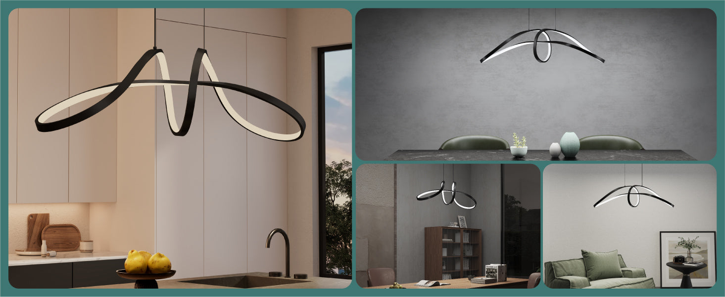 Suspension Glasvilla 90 cm, lampe LED suspendue, design ondulé dynamique, température de couleur réglable 3000K/4000K/6000K, câble 30W, noire, idéale pour salle à manger, salon ou chambre.