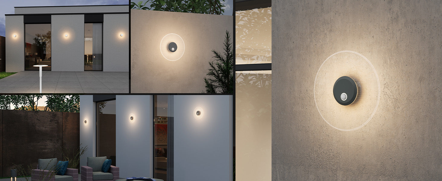 glasvilla Applique Murale d’Extérieur 6W LED | Luminaire d’Extérieur pour Chemin de Jardin 3000K avec Détecteur de Mouvement | Lampe d’Extérieur ⌀300x65mm IP65 LunaLights
