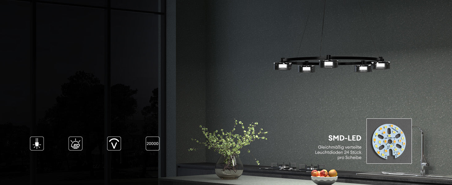 glasvilla Suspension LED Lampe suspendue 3000K/4000K/6000K Câble réglable Noir Suspension Alivetta7915 3A