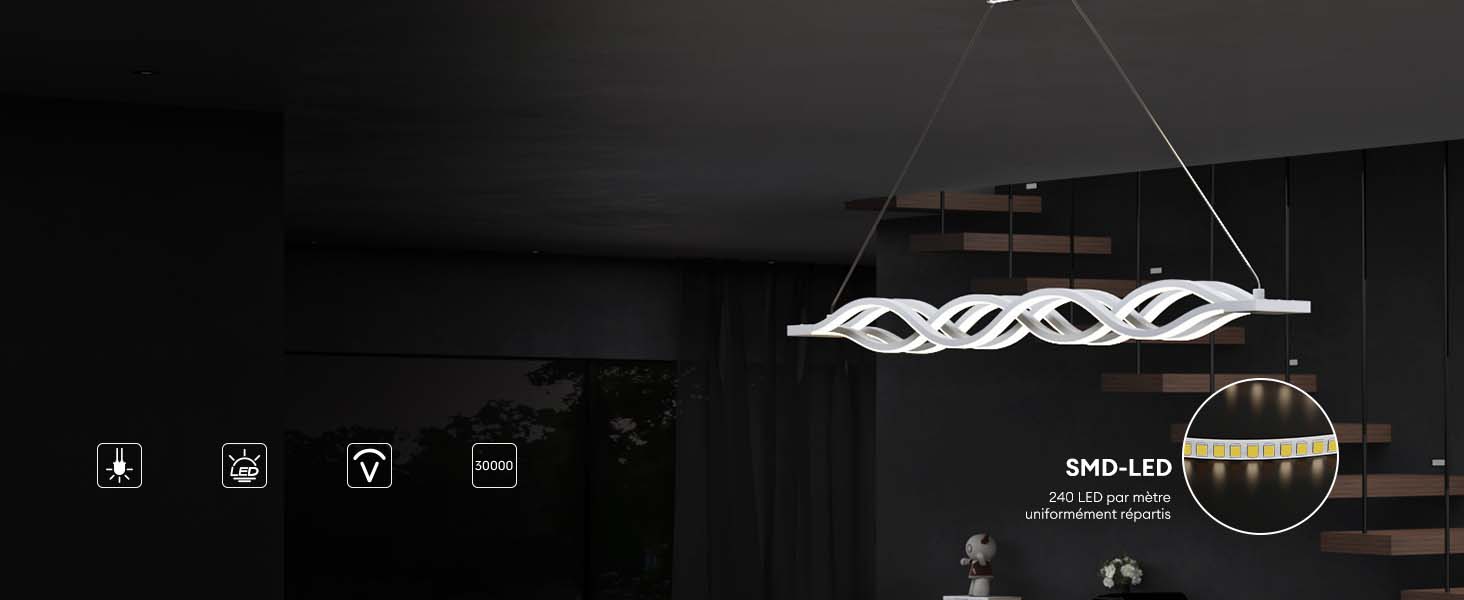 glasvilla Suspension 106cm LED Lampe suspendue dimmable avec télécommande 3000K/4000K/6000K Câble réglable 60W Blanc Luminaire suspendu Alivetta3301
