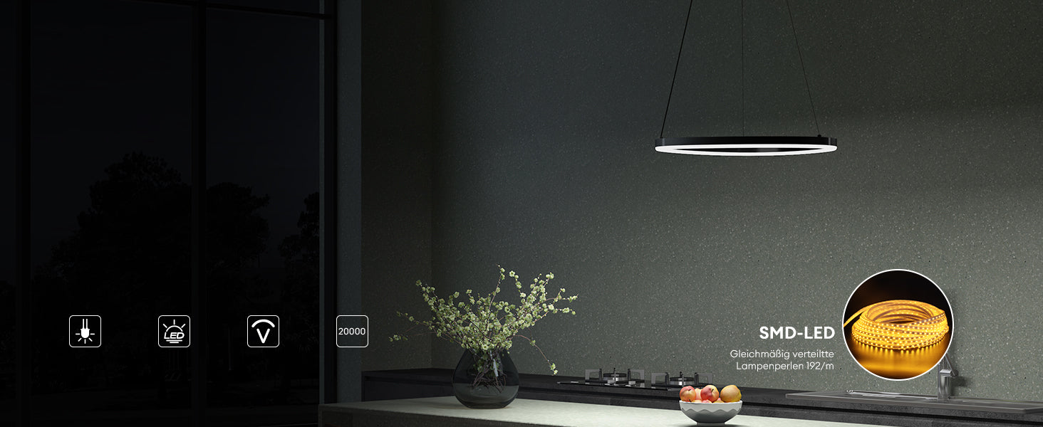 Suspension Glasvilla 50 cm, lampe LED suspendue, design ondulé dynamique, température de couleur réglable 3000K/4000K/6000K, câble 16W, idéale pour salle à manger, salon ou chambre.