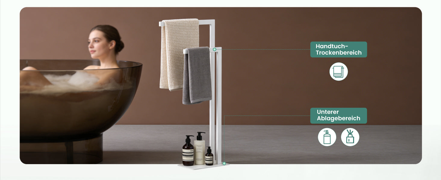 glasvilla Porte-serviettes sur pied à 2 barres, Porte-serviettes sans perçage en acier inoxydable, Porte-serviettes de bain autoportant Tavrin-02