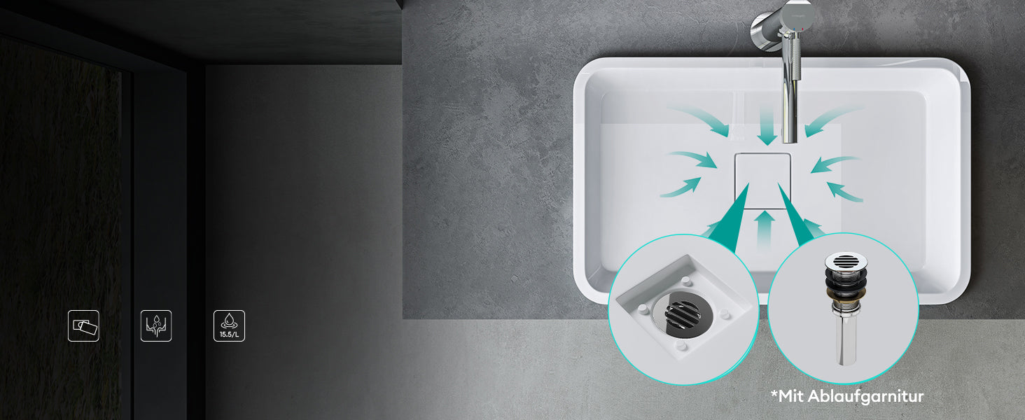Lavabo Glasvilla, en fonte minérale, lavabo encastré avec couvercle de bonde Col104