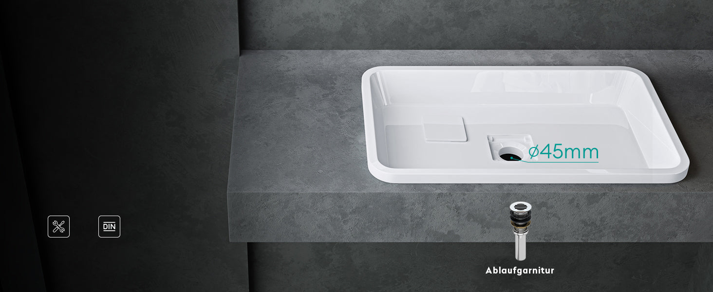 Lavabo Glasvilla, en fonte minérale, lavabo encastré avec couvercle de bonde Col104