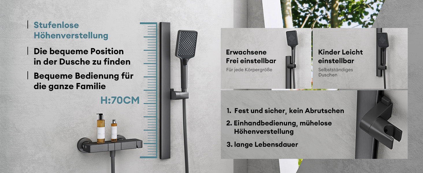 Système de douche Glasvilla avec pommeau de douche effet pluie, 3 jets, pommeau de douche réglable en hauteur avec bec inférieur en aluminium, système de douche 10