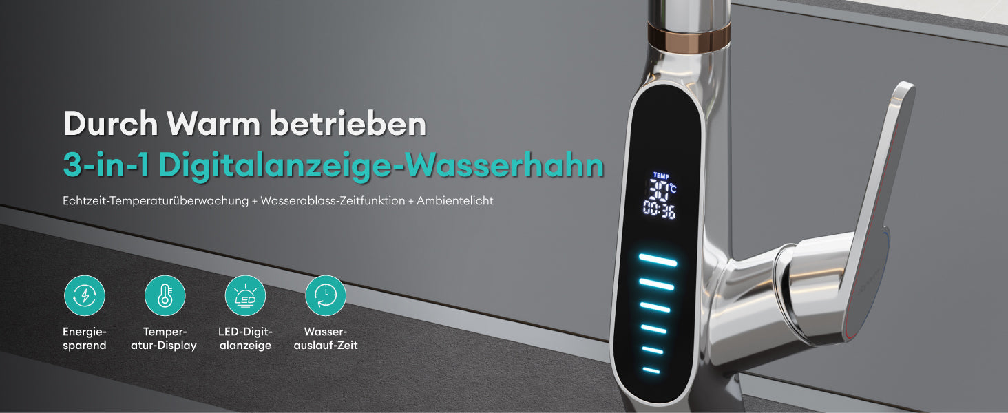 glasvilla Rubinetto da Cucina Estraibile con 3 Modalità e di Getto e Display digitale a LED Rubinetto per Lavello con Tubi e Accesorri Ruotabile a 360° MS-8085