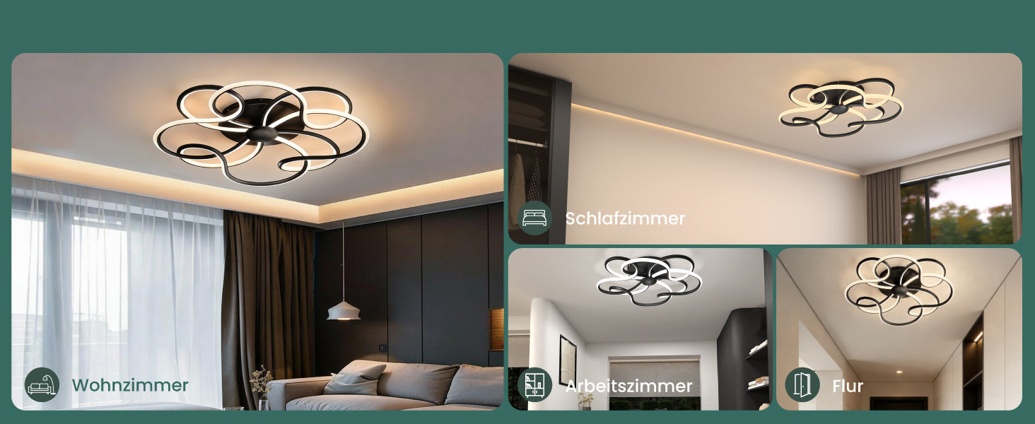 glasvilla Plafonnier LED avec télécommande 64cm, Intensité réglable en continu 3000-6400K, Lampe de chambre 112W Noir pour chambre à coucher, salon, bureau, couloir Alivetta25036