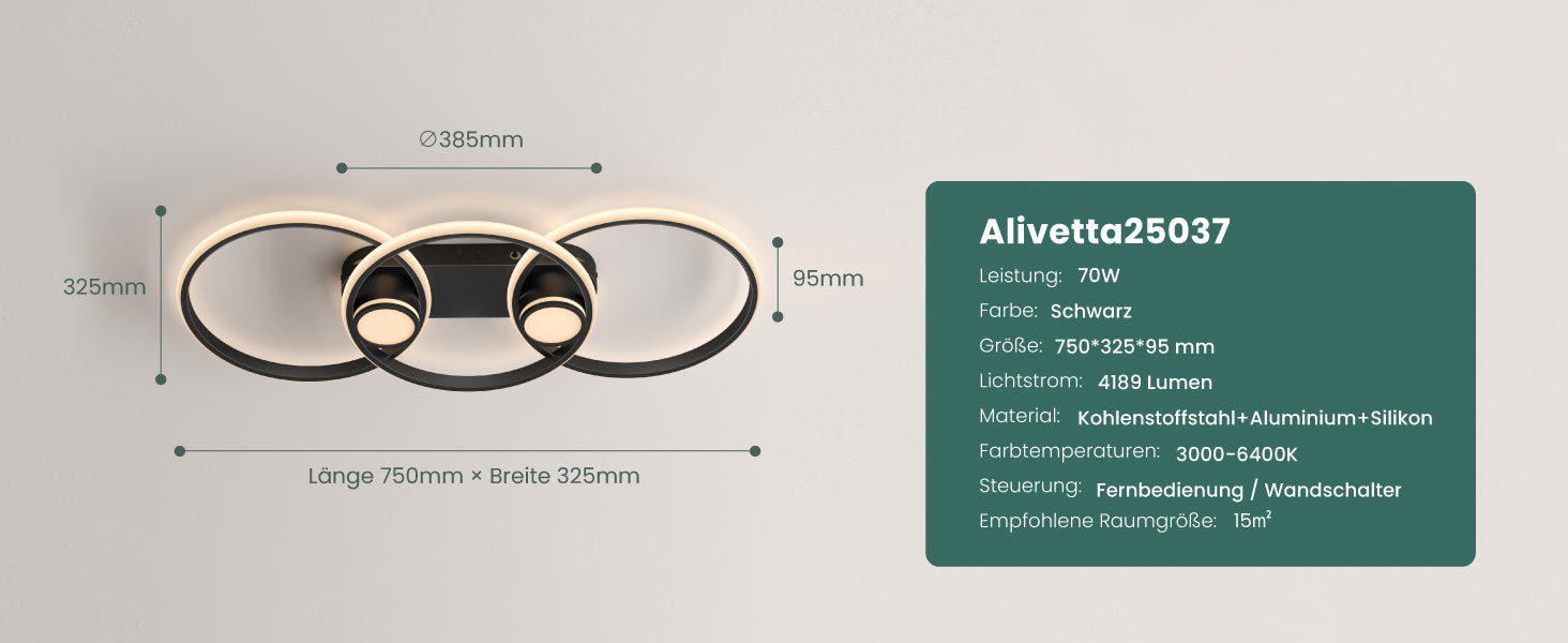 glasvilla Plafonnier LED avec télécommande 75 cm, intensité variable en continu 3000-6400K, Lampe de chambre 70W Noir pour chambre à coucher, salon, bureau, couloir Alivetta25037